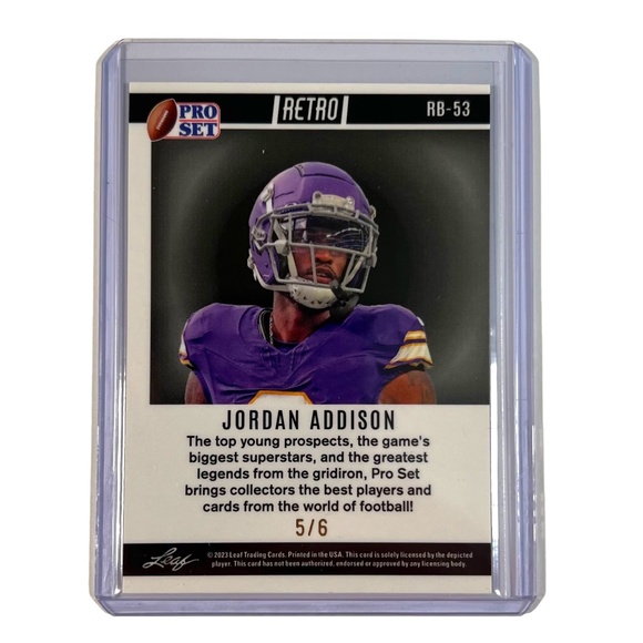 Jordan Addison 2023 Pro Set Leaf Trading Purple Crystal /6 No. RB-53 Vikings - Picture 4 of 5